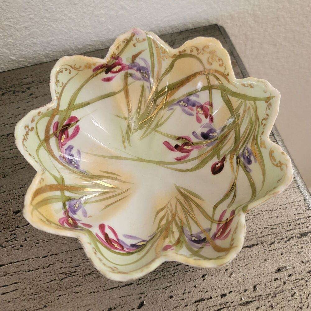 Hand Painted Porcelain Footed Bowl w/ Purple Irises & Gold Gilding Antique